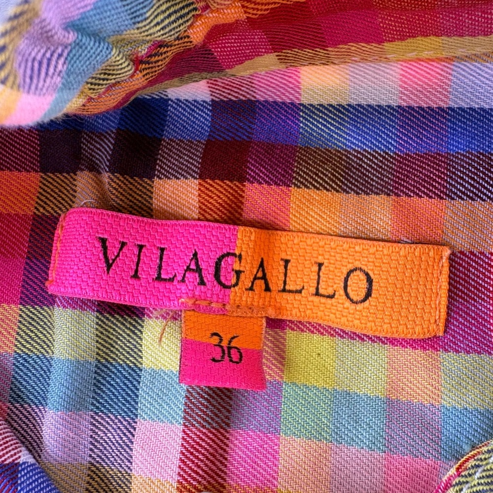 Vilagallo Rainbow Plaid Ruffle Collar Cotton Button Down Shirt Women 36 Portugal - Picture 2 of 6